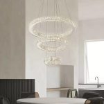 Lustra LED suspendata cu telecomanda si cristal CANAAN 120W, 3 Cercuri, lumina Rece/Calda/Neutra, Dimabila, Crom Lucios, Inaltime Reglabila